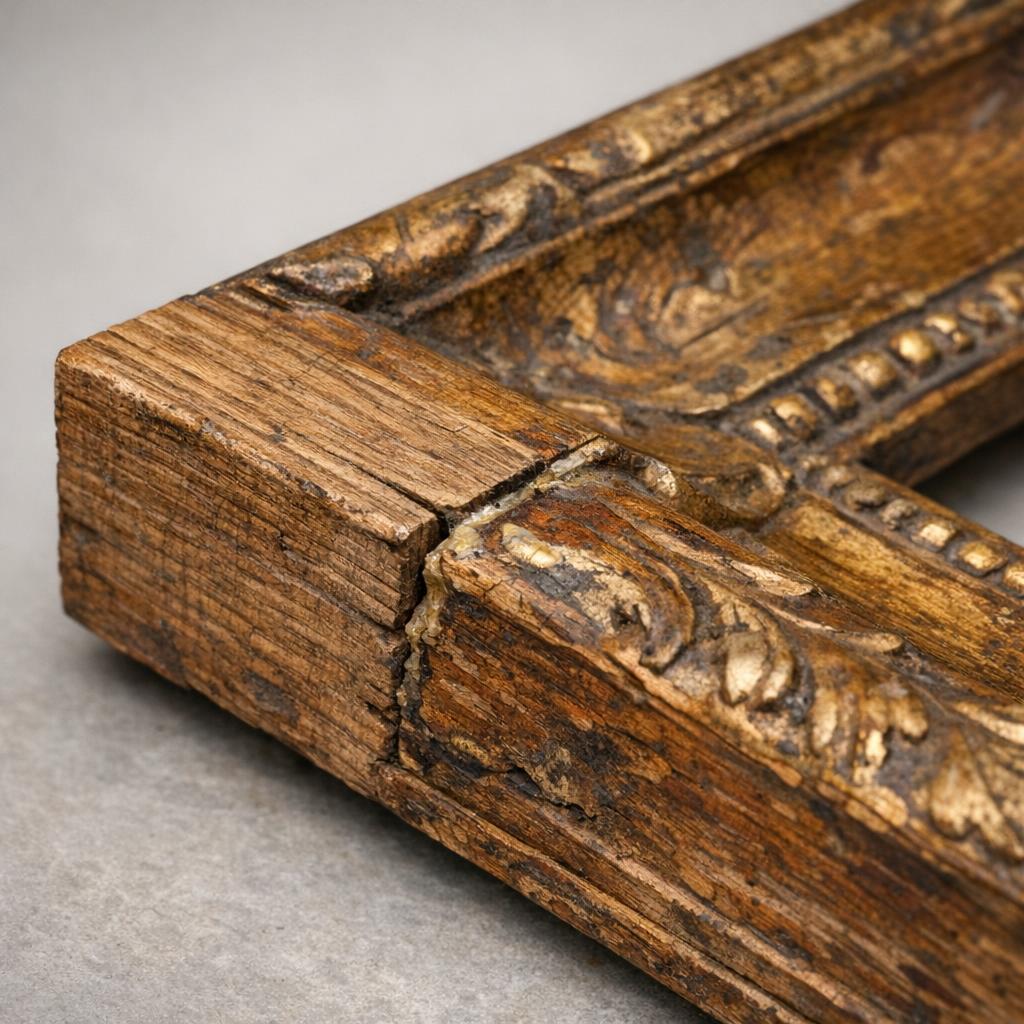Antique picture frame mitered corner joint showing hand-cut joinery with visible wood end grain