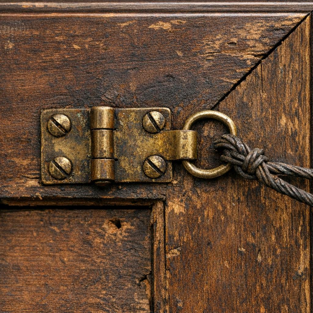 Old brass hardware on back of antique picture frame including slotted screws and tarnished hinge