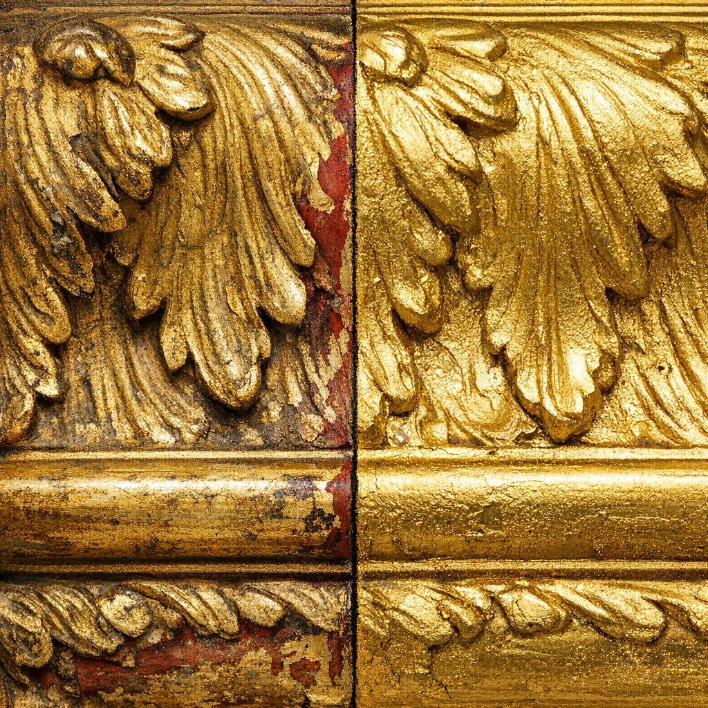 Comparison showing original water gilding with red bole versus modern over-gilding with brassy gold paint