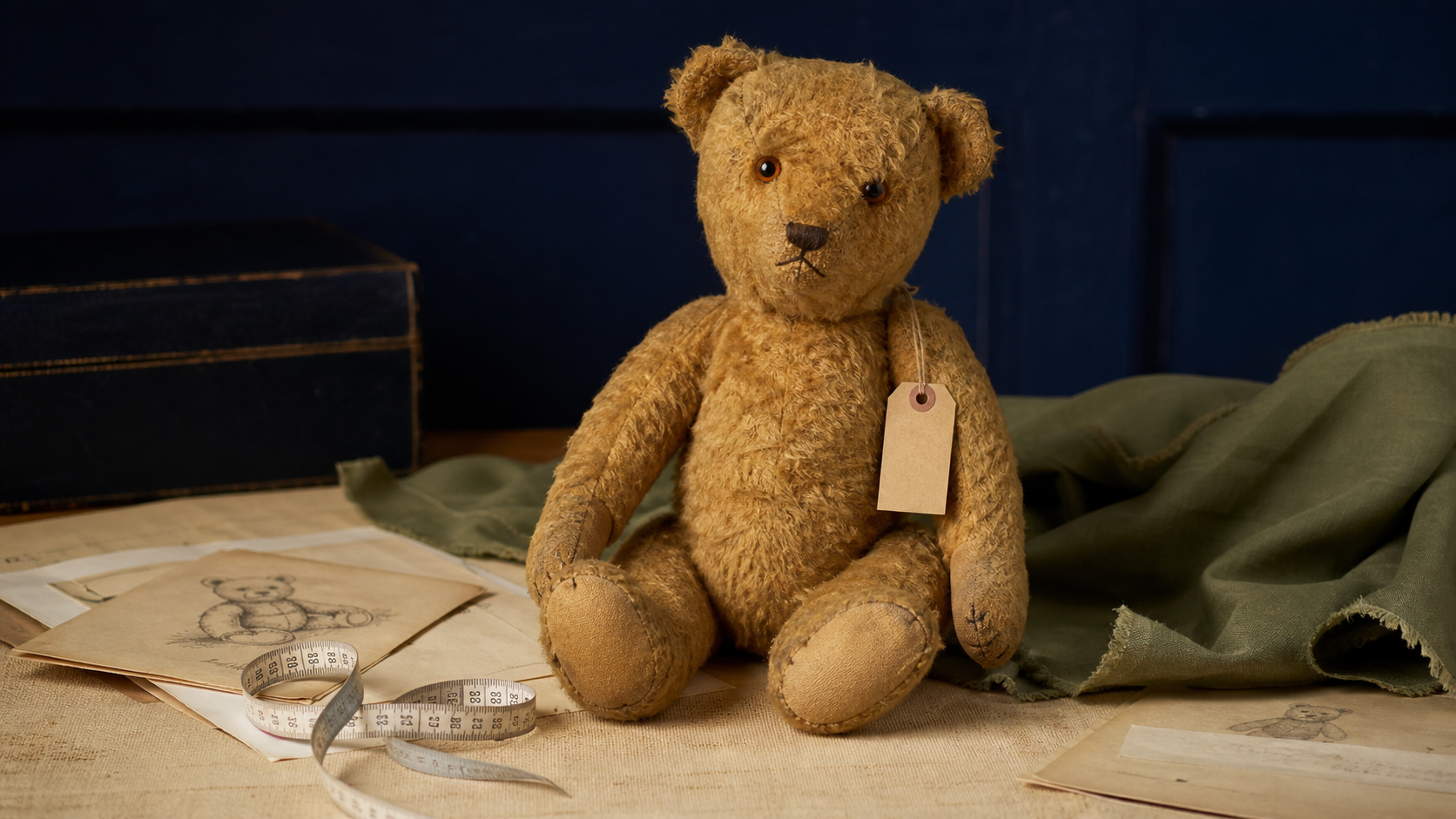 Generated editorial image of an antique teddy bear on an appraisal table