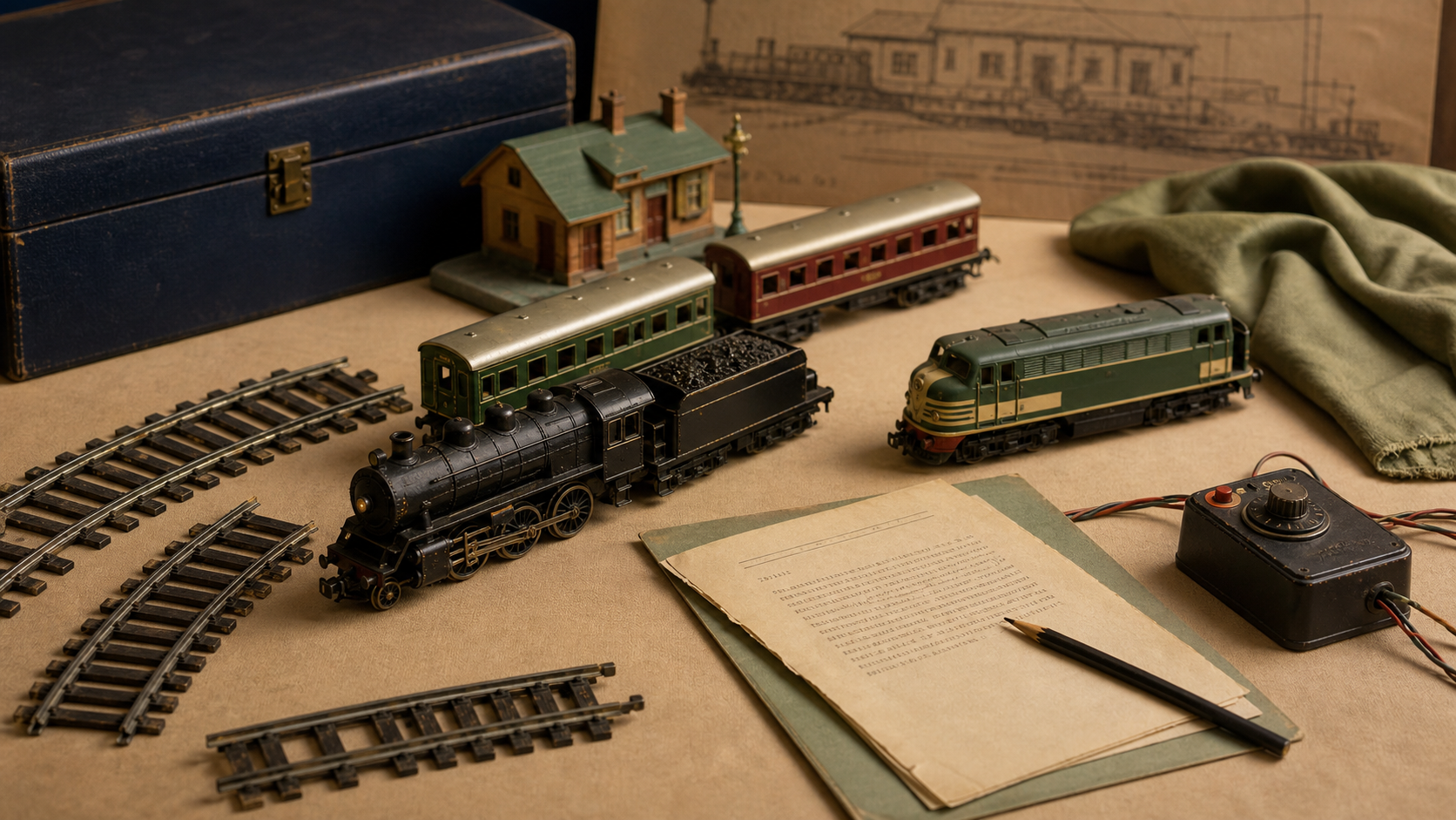 Generated editorial image of vintage model trains on an appraisal table