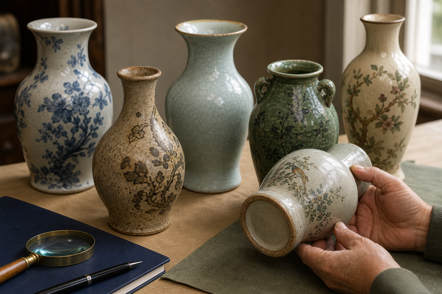 Generated editorial image of old vases arranged for identification