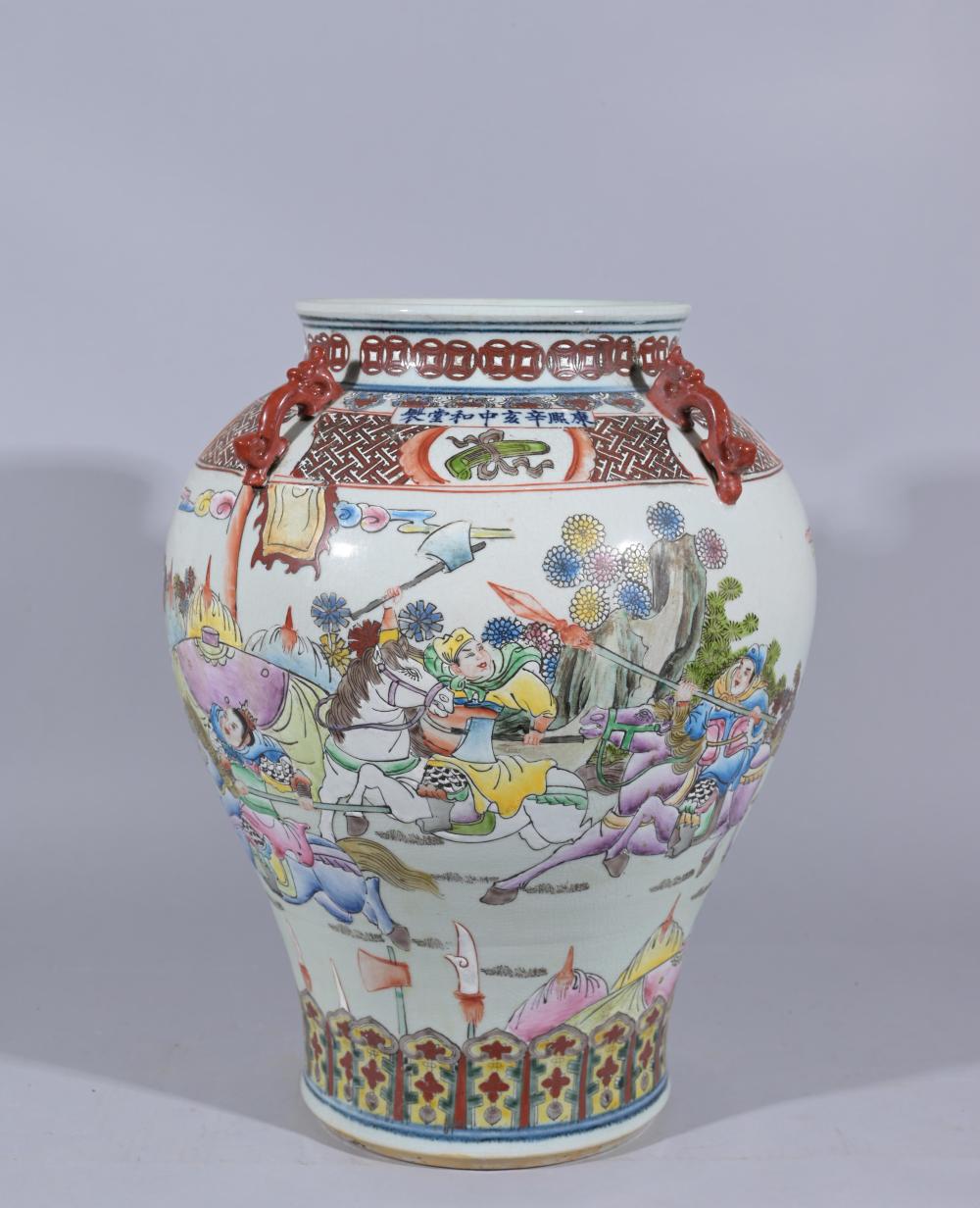 Auction comp thumbnail for 製堂和中亥辛熙康 Kangxi period (1672) magnificent Chinese porcelain vase with battle scene (story of Mu Guiying- female general from N. Song dynasty), certified (Eternity Gallery, Lot 180)