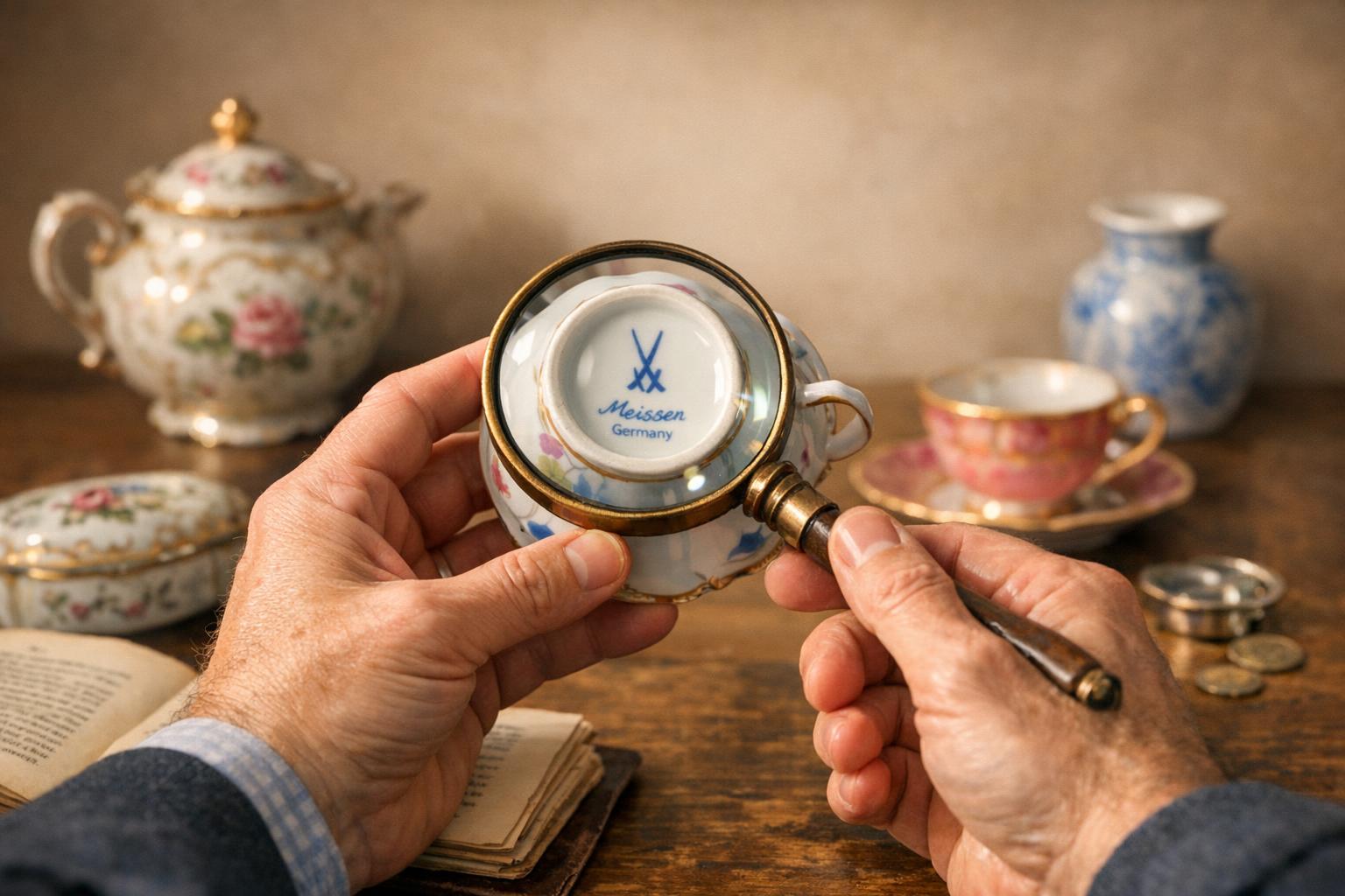 Collector examining the underside of a porcelain teacup with a magnifying glass, maker's marks visible under warm raking light