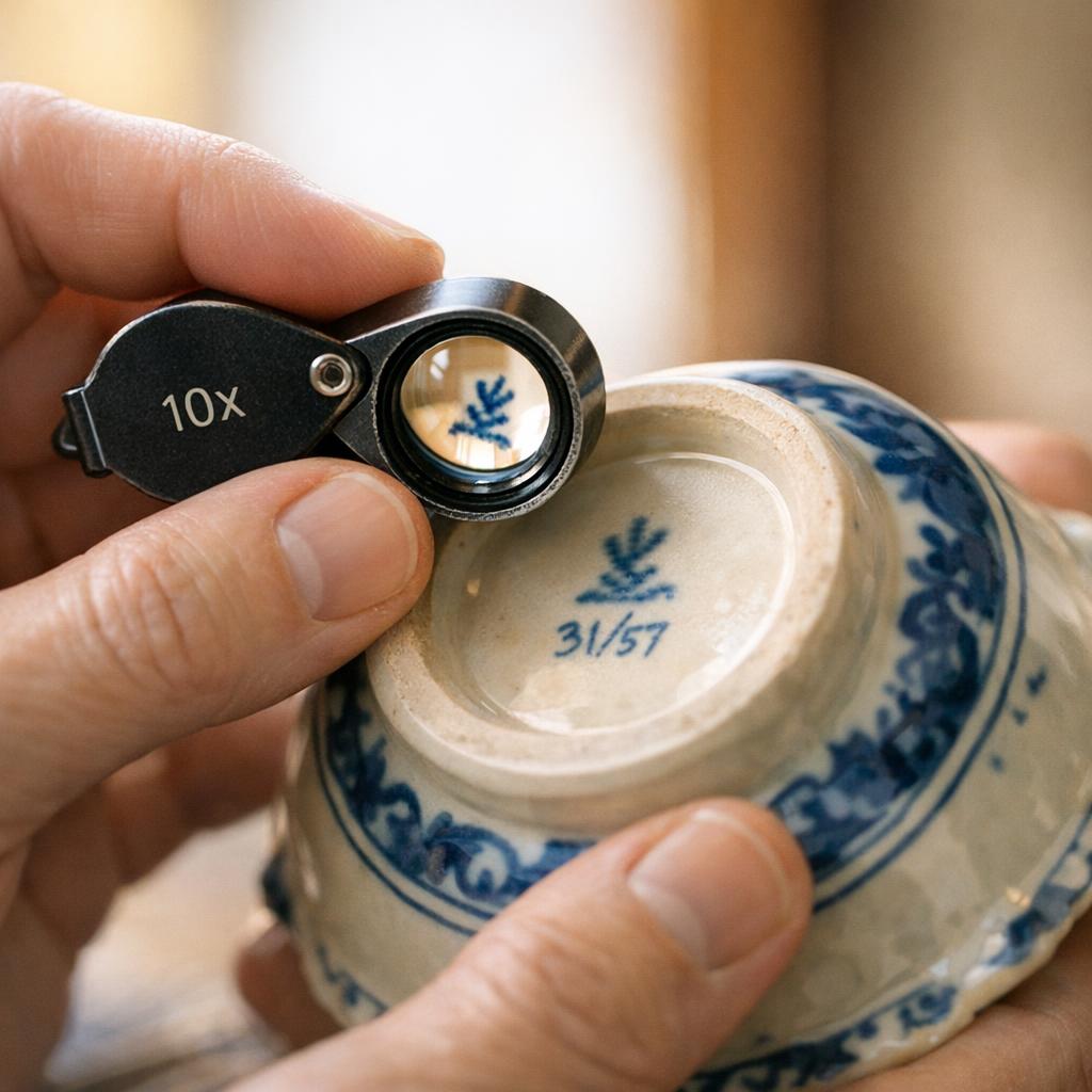 Collector's hand using a jeweler's loupe to examine fine details on a ceramic base under warm natural light