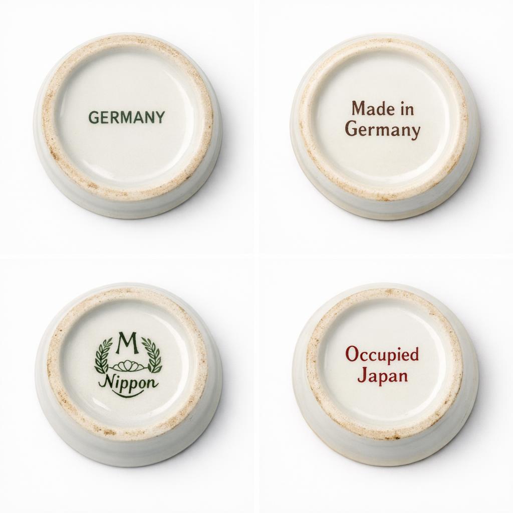 Close-up of ceramic bases showing Germany, Made in Germany, Nippon, and Occupied Japan country-of-origin marks arranged for comparison