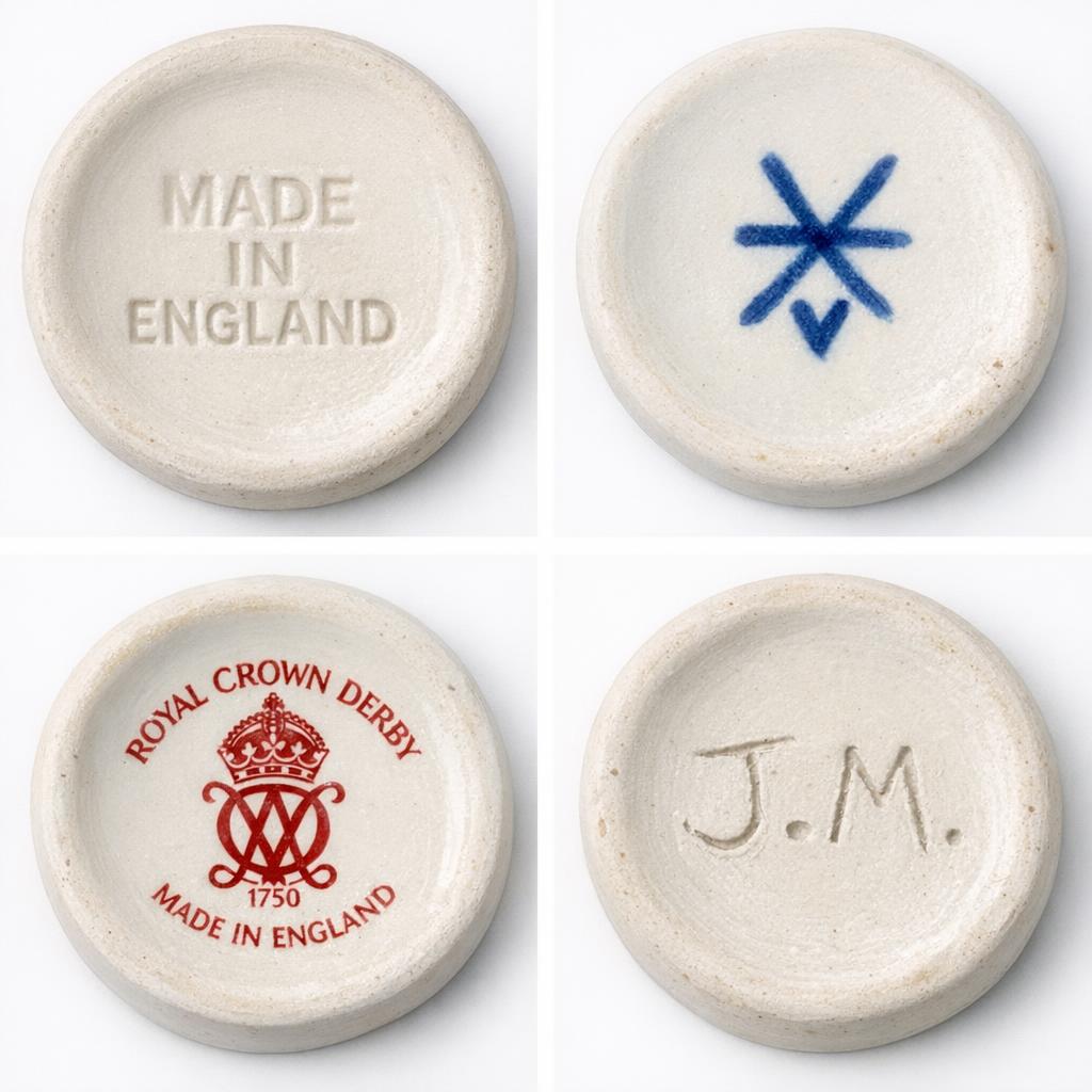 Close-up comparison of various pottery marks on ceramic bases showing impressed stamps, painted underglaze marks, transfer-printed logos, and incised initials