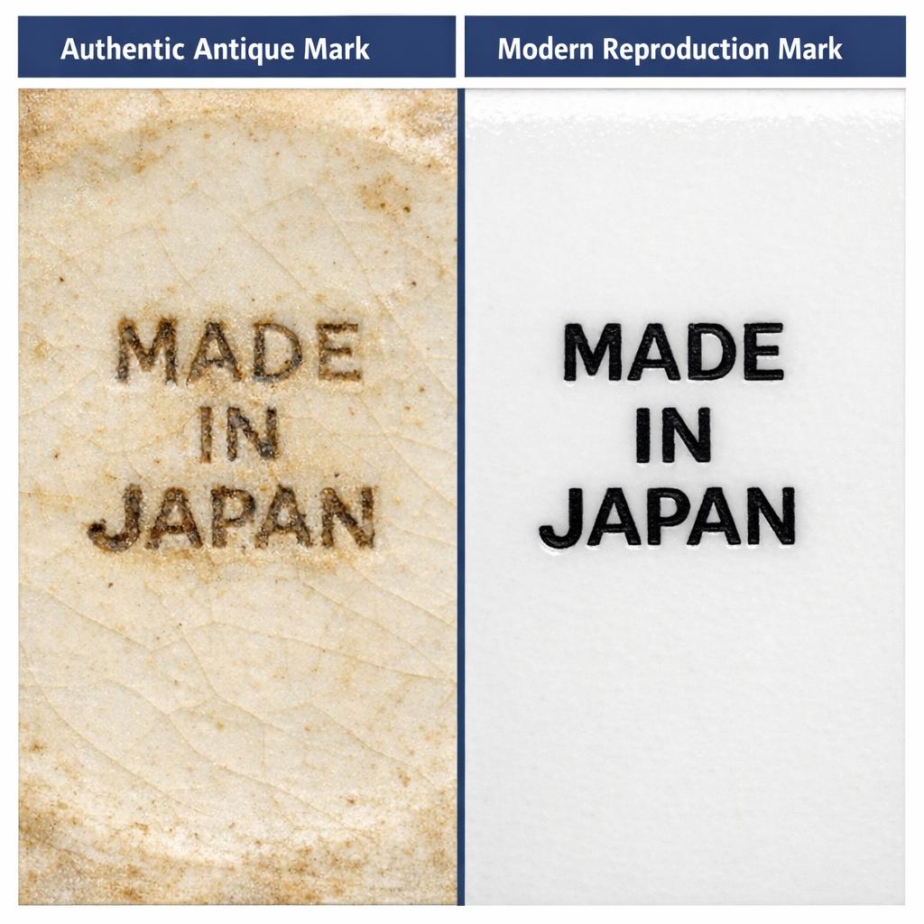 Side-by-side comparison of an authentic maker mark versus a modern reproduction stamp showing differences in crispness, depth, and wear
