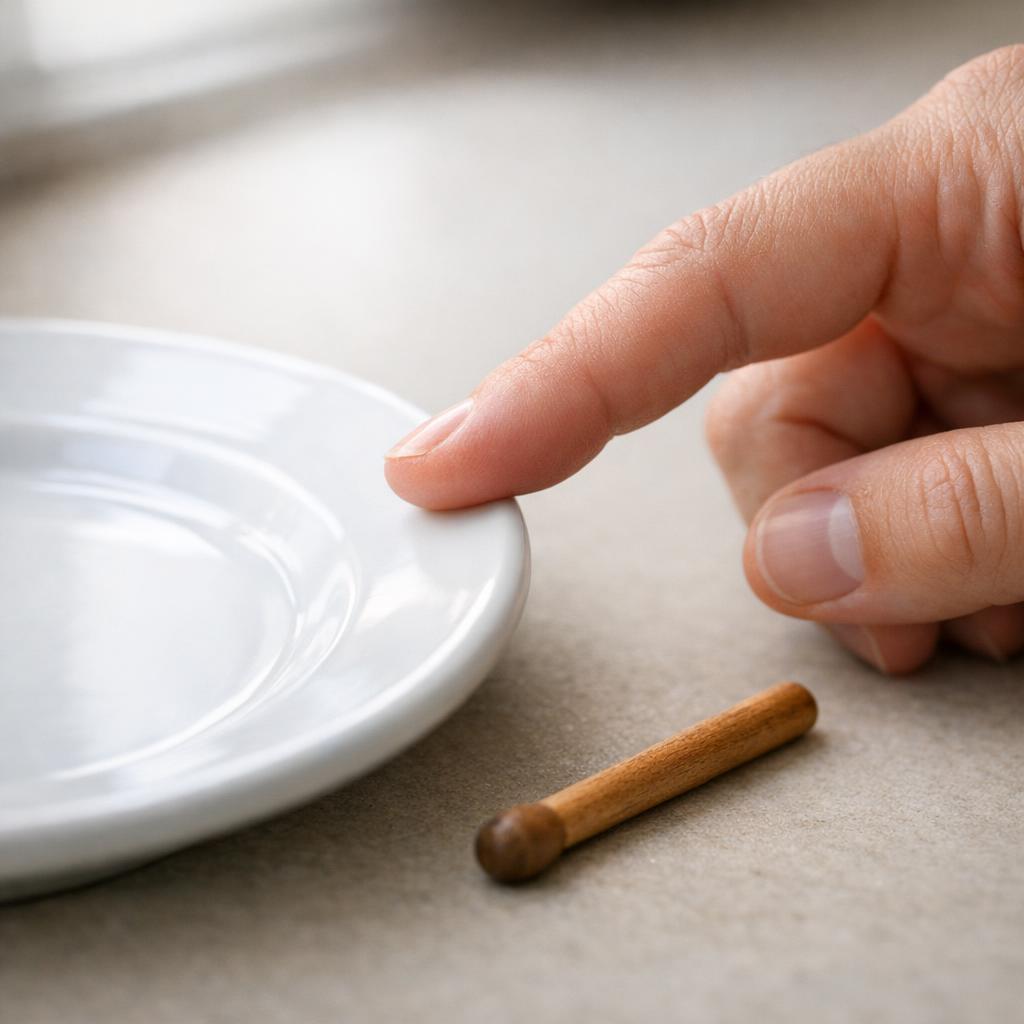 Finger gently tapping the rim of a ceramic plate demonstrating the ring test for material identification and crack detection