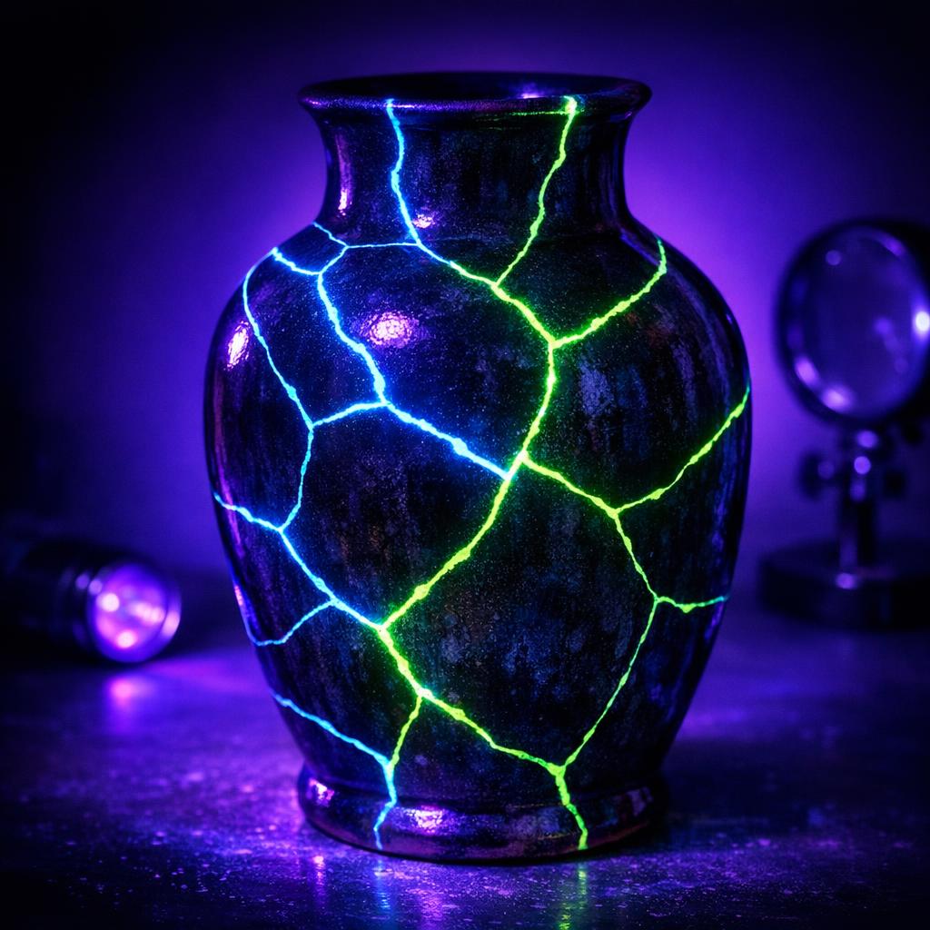 A ceramic piece under UV black light showing hidden repair lines glowing differently from the original glaze in a darkened room with purple UV glow
