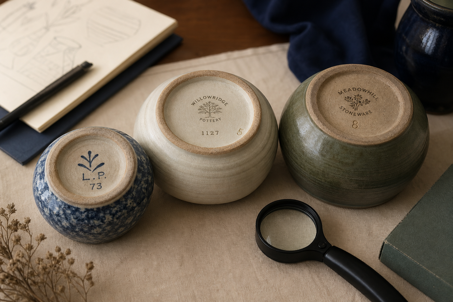 Editorial appraisal desk scene with pottery bases, fictional marks, and a magnifying loupe