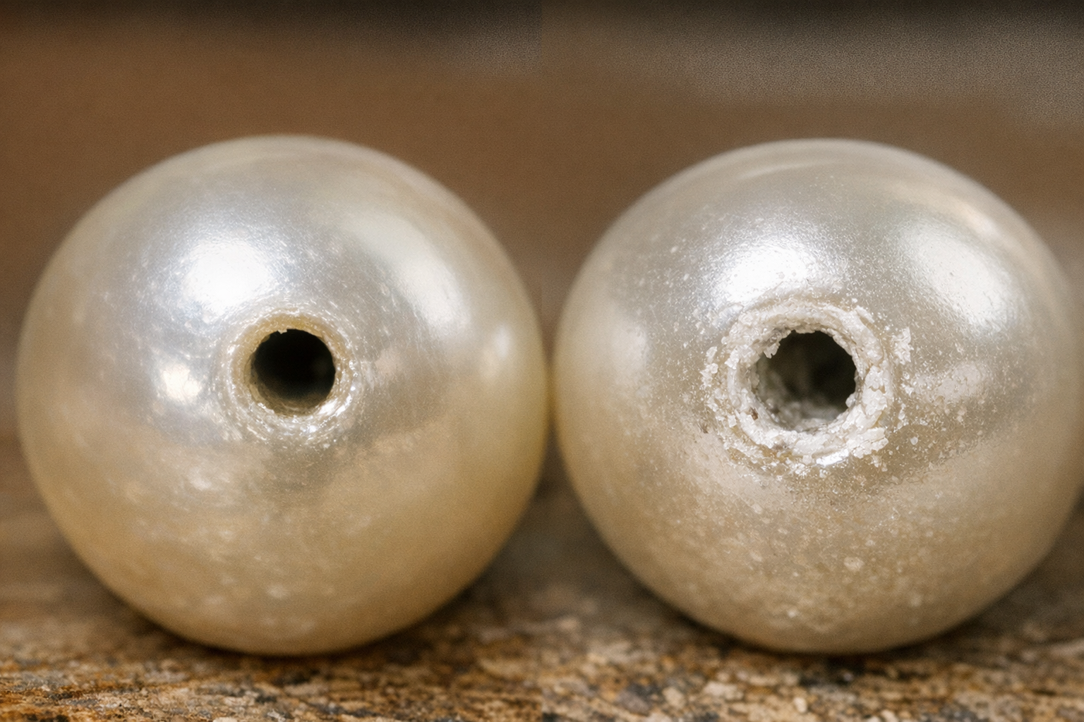 Close-up of pearl drill holes showing differences between real and fake pearls