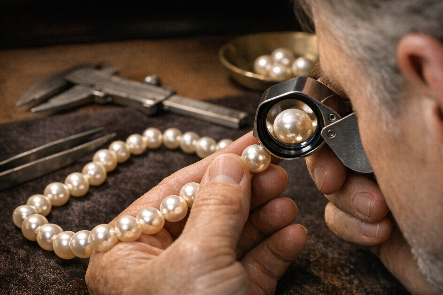 Pearl strand example used to review luster, nacre, surface texture, drill holes, weight, and matching