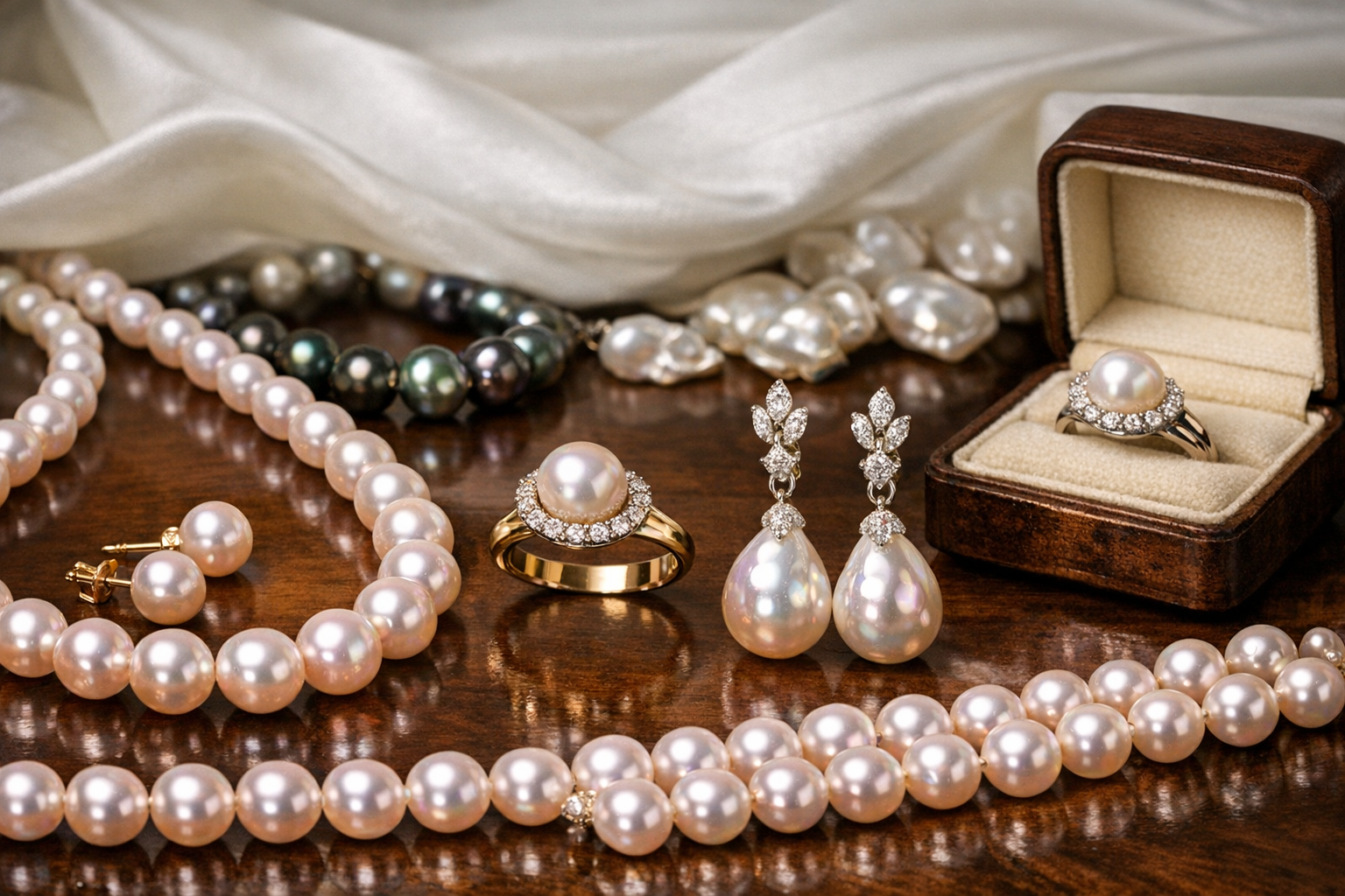 Various pearl jewelry items including necklaces, earrings and rings