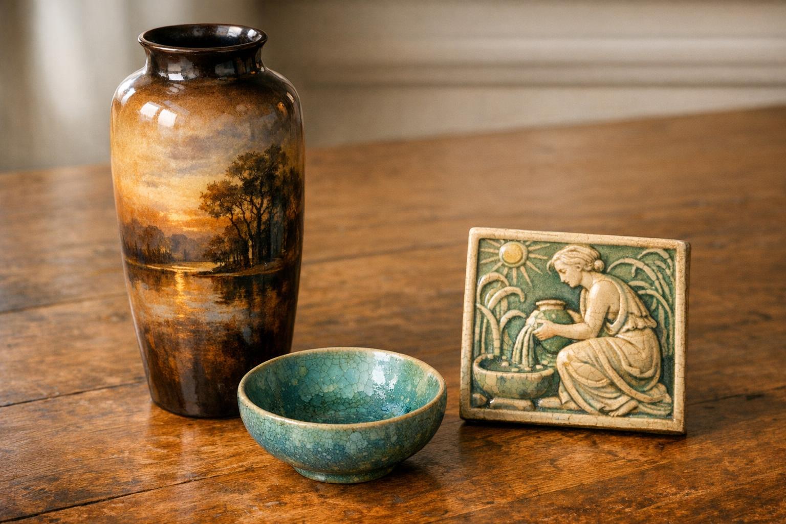 Three Rookwood pottery pieces — a Standard-glaze vase, Iris-glaze bowl, and Faience tile — arranged on a warm wooden surface
