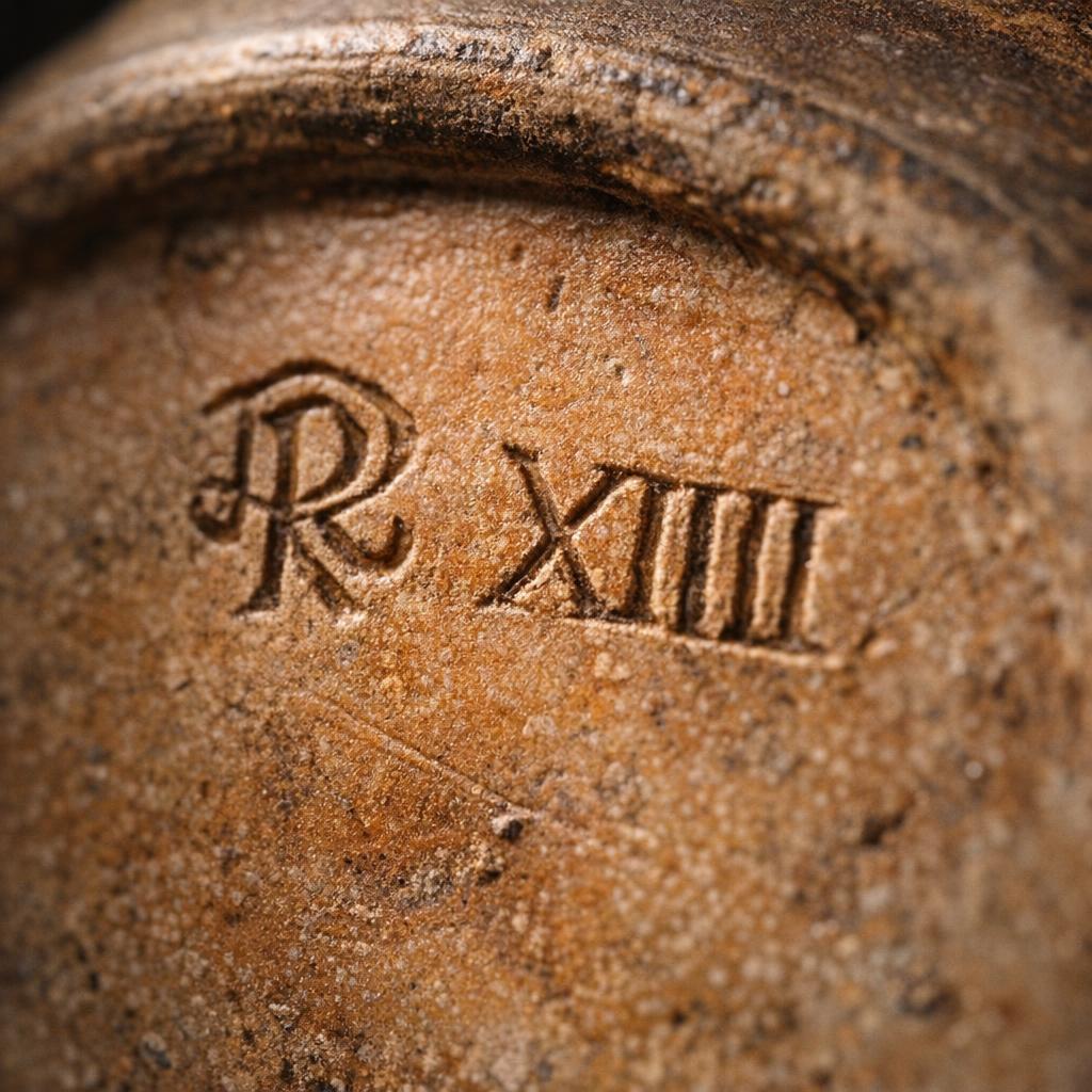 Close-up of an incised artist cipher mark on a Rookwood pottery base next to a Roman numeral date code