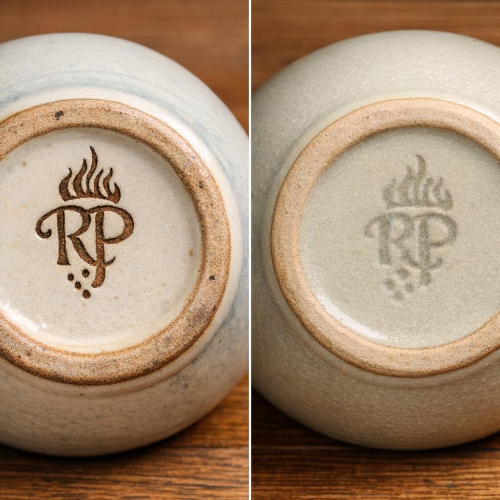 Side-by-side comparison of an authentic Rookwood pottery base with crisp incised marks next to a reproduction with blurry stamped marks
