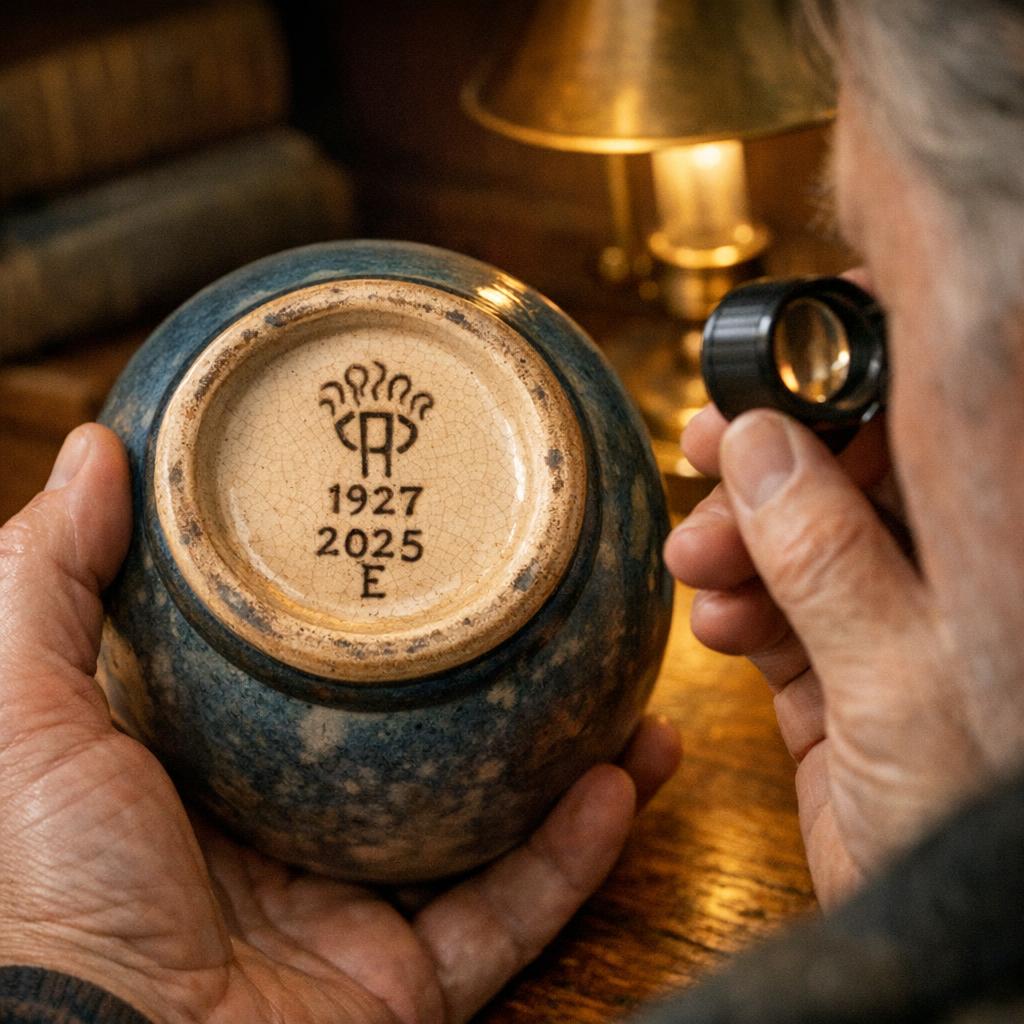 Collector examining a Rookwood pottery vase base with a jeweler's loupe under warm desk lighting
