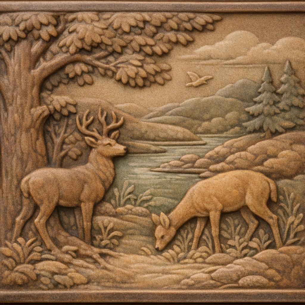 Rookwood Faience glaze tile showing matte opaque surface with sculpted relief decoration of a woodland scene