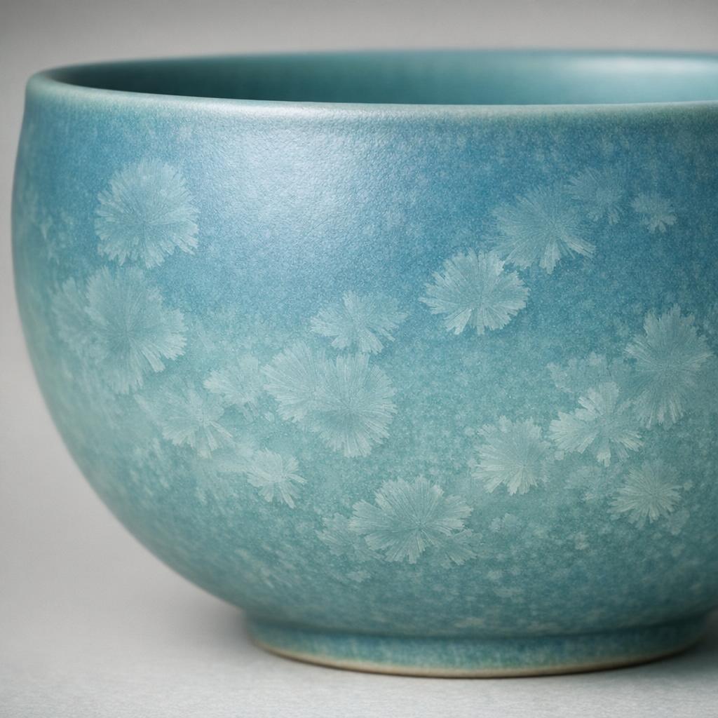 Rookwood Iris glaze bowl showing matte crystalline blue-green surface with subtle crystallization patterns