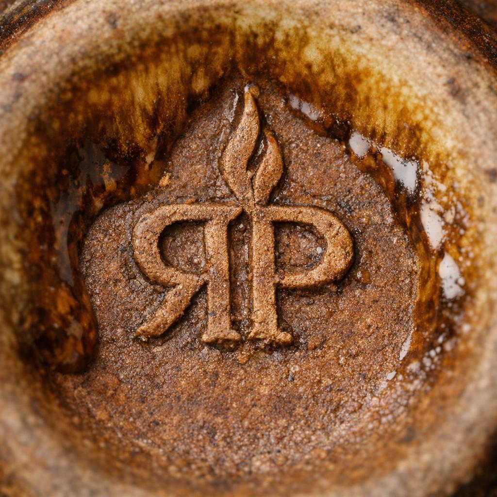 Macro close-up of a Rookwood pottery base showing the reversed RP monogram mark with flame marks extending upward
