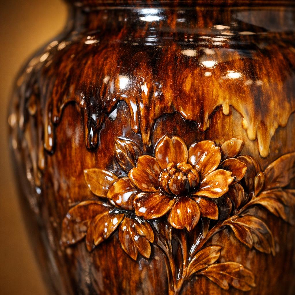 Rookwood Standard glaze vase showing glossy rich amber and brown tones dripping over relief-molded floral decoration