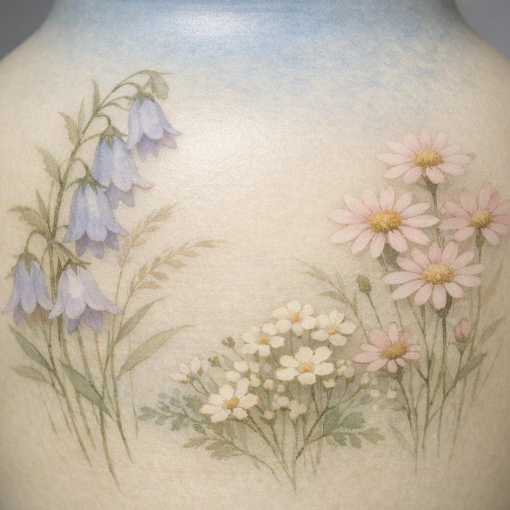 Rookwood Vellum glaze vase with soft matte creamy surface and delicate hand-painted wildflower decoration in muted pastels