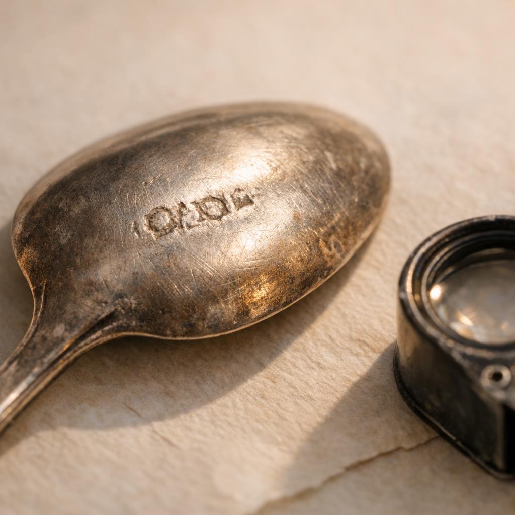 Loupe inspection of sterling silver marks used to review 925, hallmarks, maker stamps, and plate clues