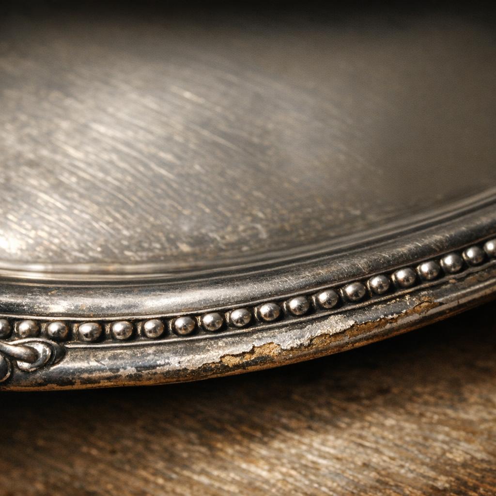 Silver-plated tray edge under raking light