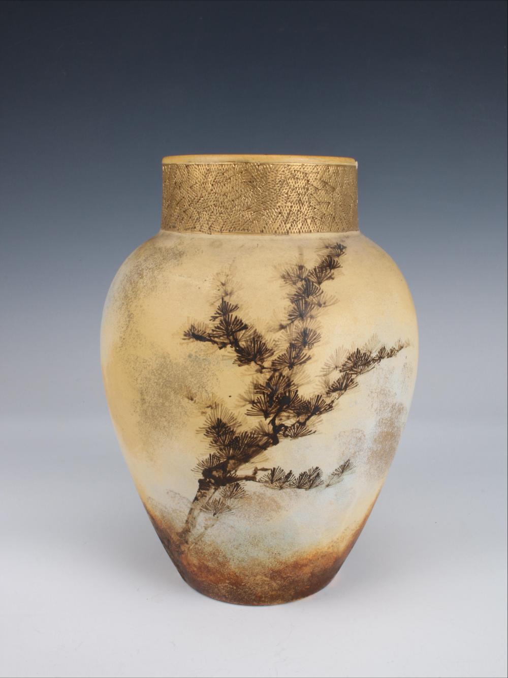 How to Identify Studio Pottery Marks and Handmade Clues example: Auction thumbnail for Rookwood Pottery Co. 1883 earthenware pine tree vase