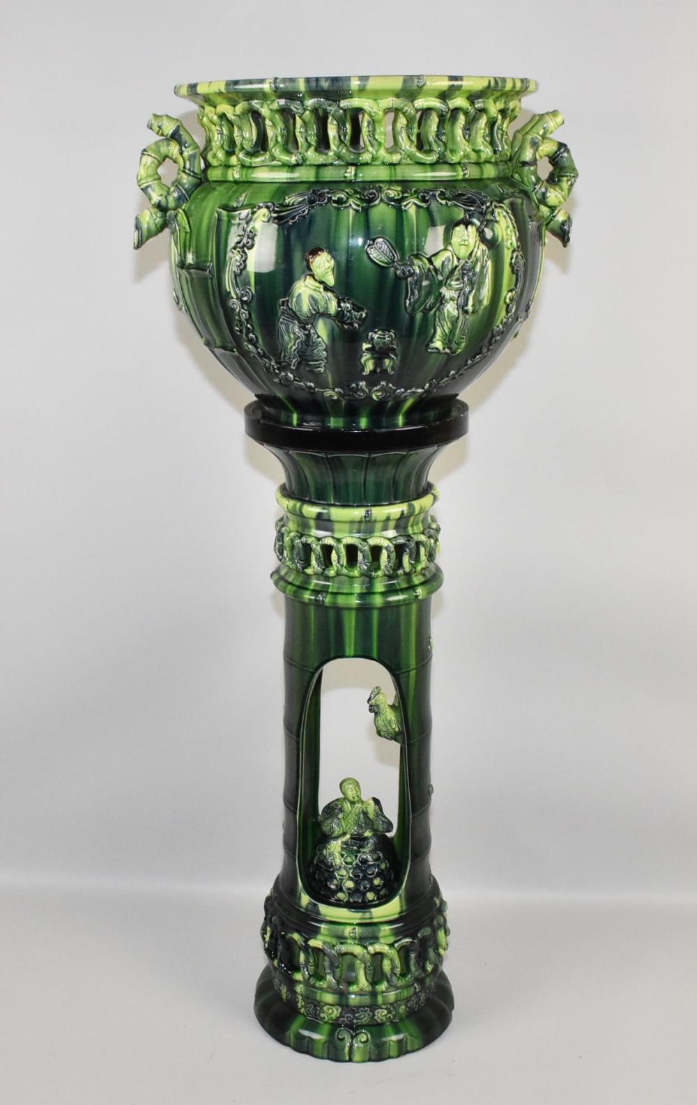 Auction thumbnail for antique pottery green slip glaze two-piece jardiniere
