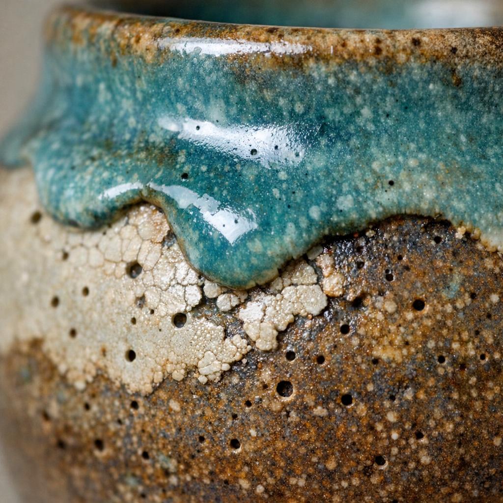 Kiln variation with pinholes and slight crawling on handmade glaze