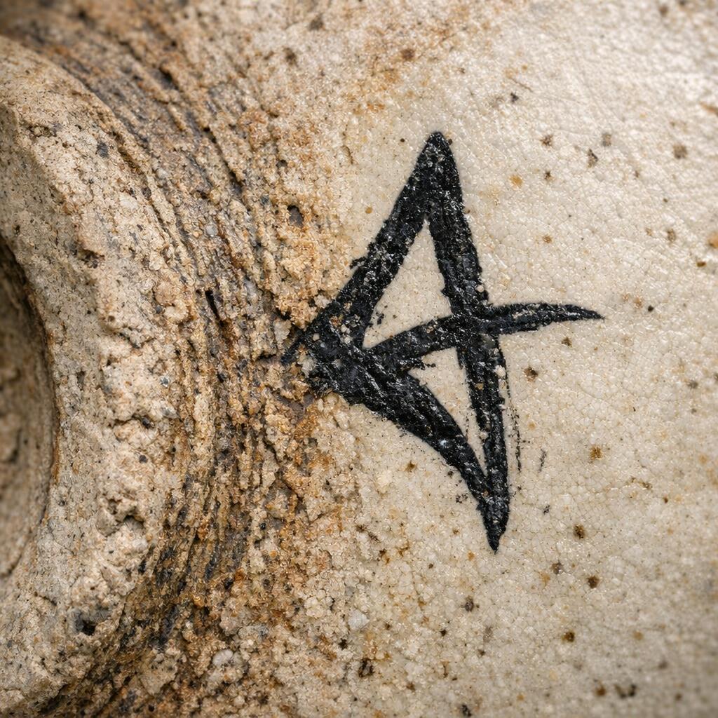 Painted signature beside clay texture and age wear on a pottery base