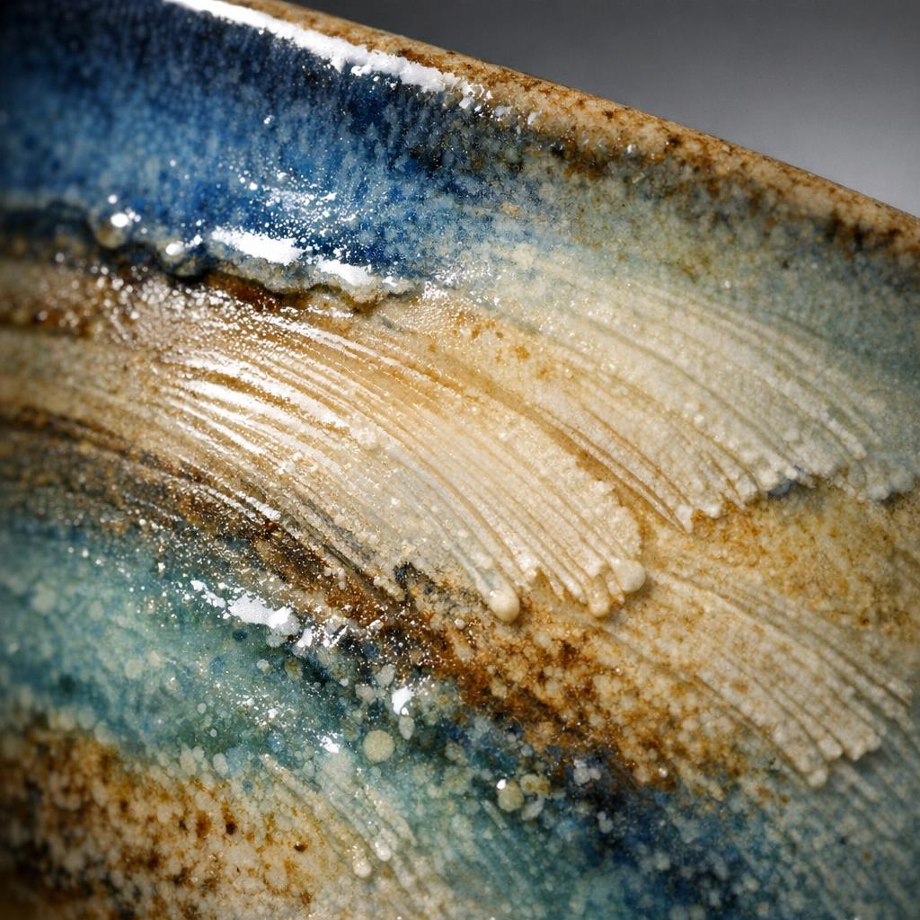 Raking light revealing brushwork and glaze pooling on studio pottery