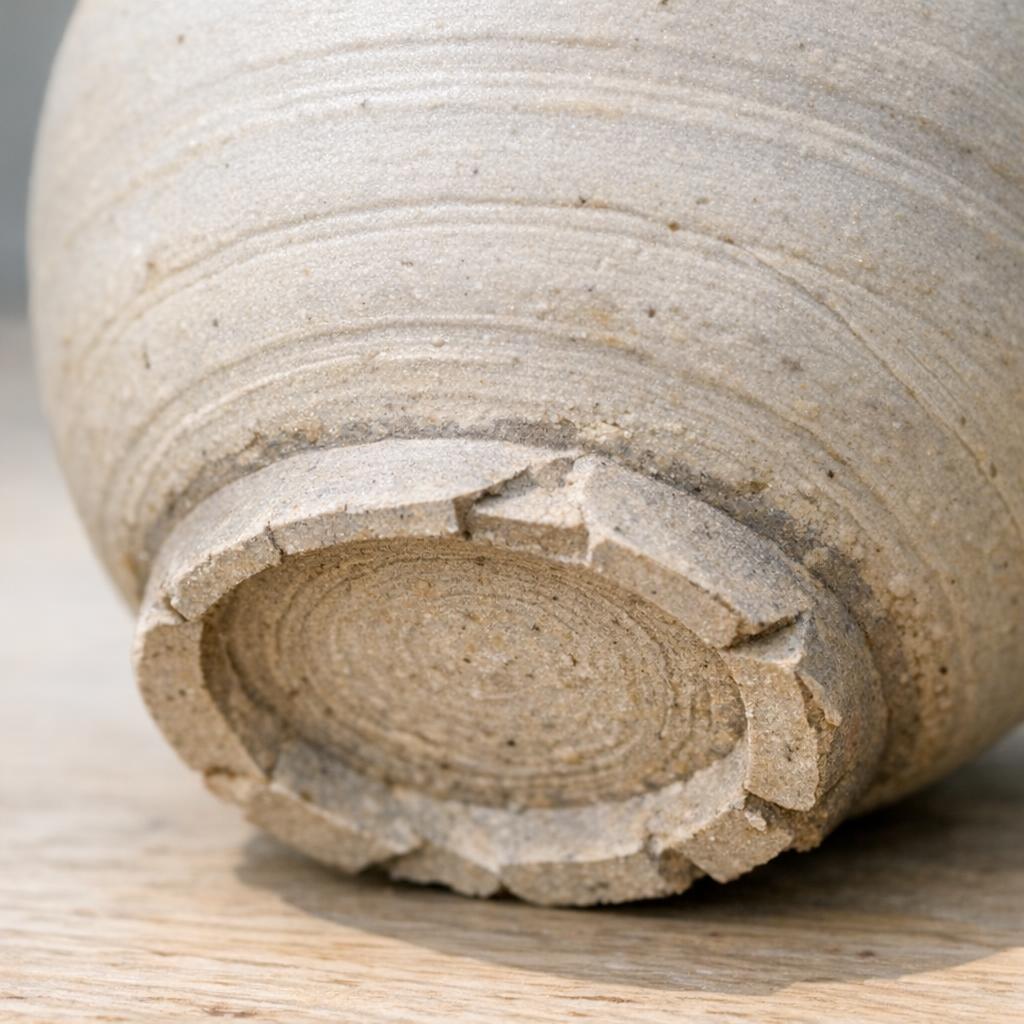 Knife-cut trim marks and coil traces on a pottery foot