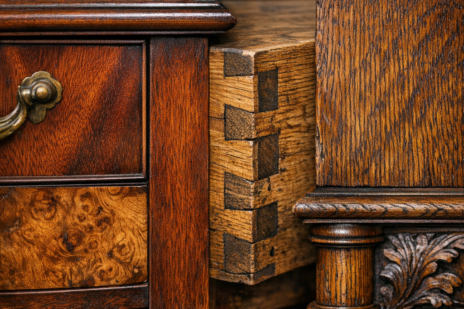 Antique wood close-up used to review grain, pores, color, cut, finish, and construction clues