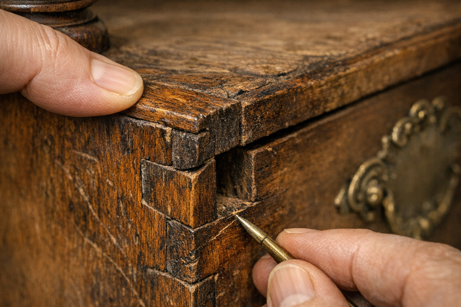 Detailed close-up of antique furniture joinery showing wood characteristics