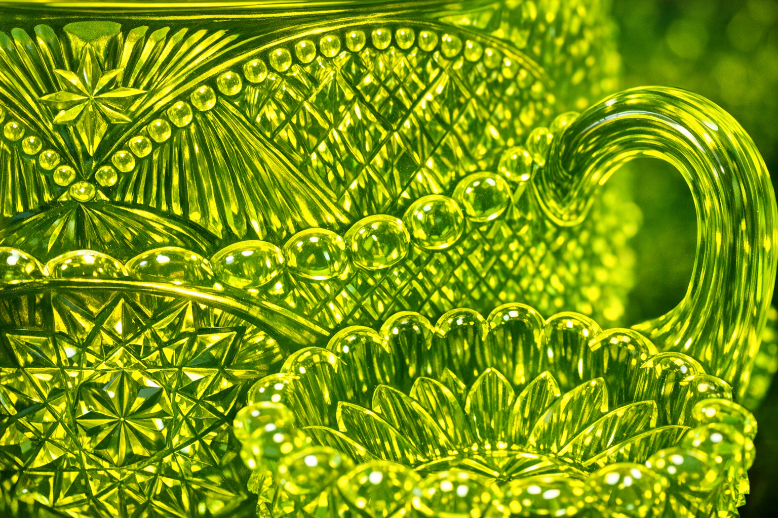 Close-up of vaseline glass pattern showing detailed craftsmanship and characteristic yellow-green color