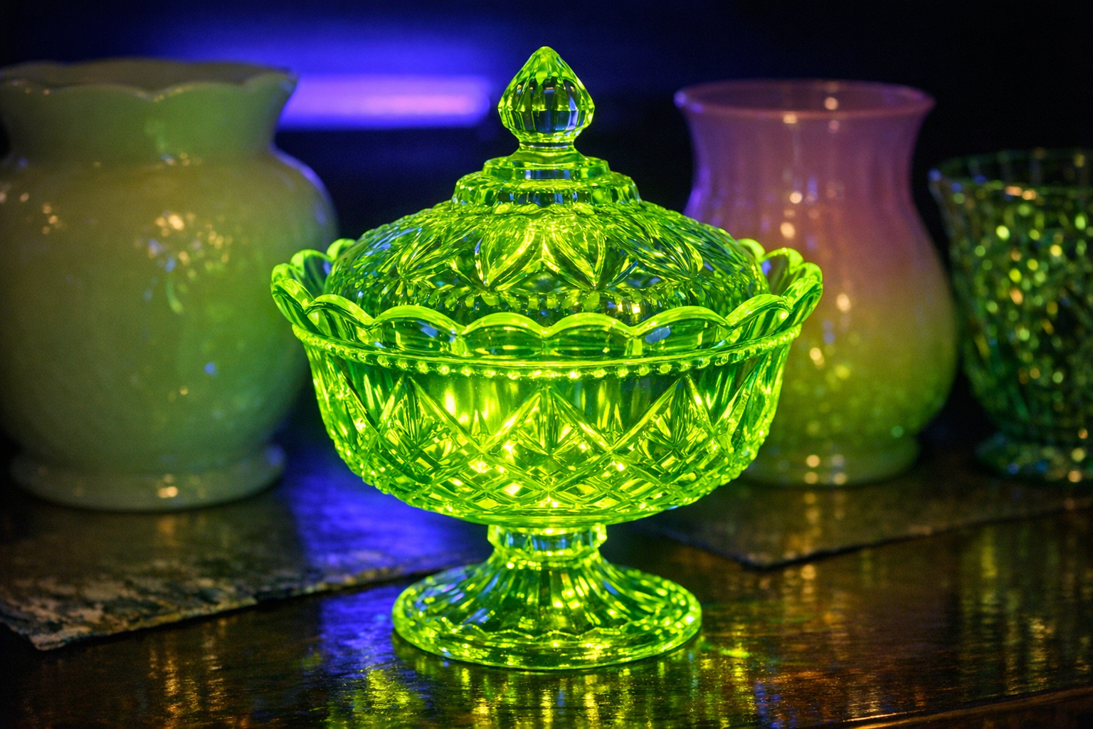 Vaseline glass dish glowing bright green under ultraviolet light