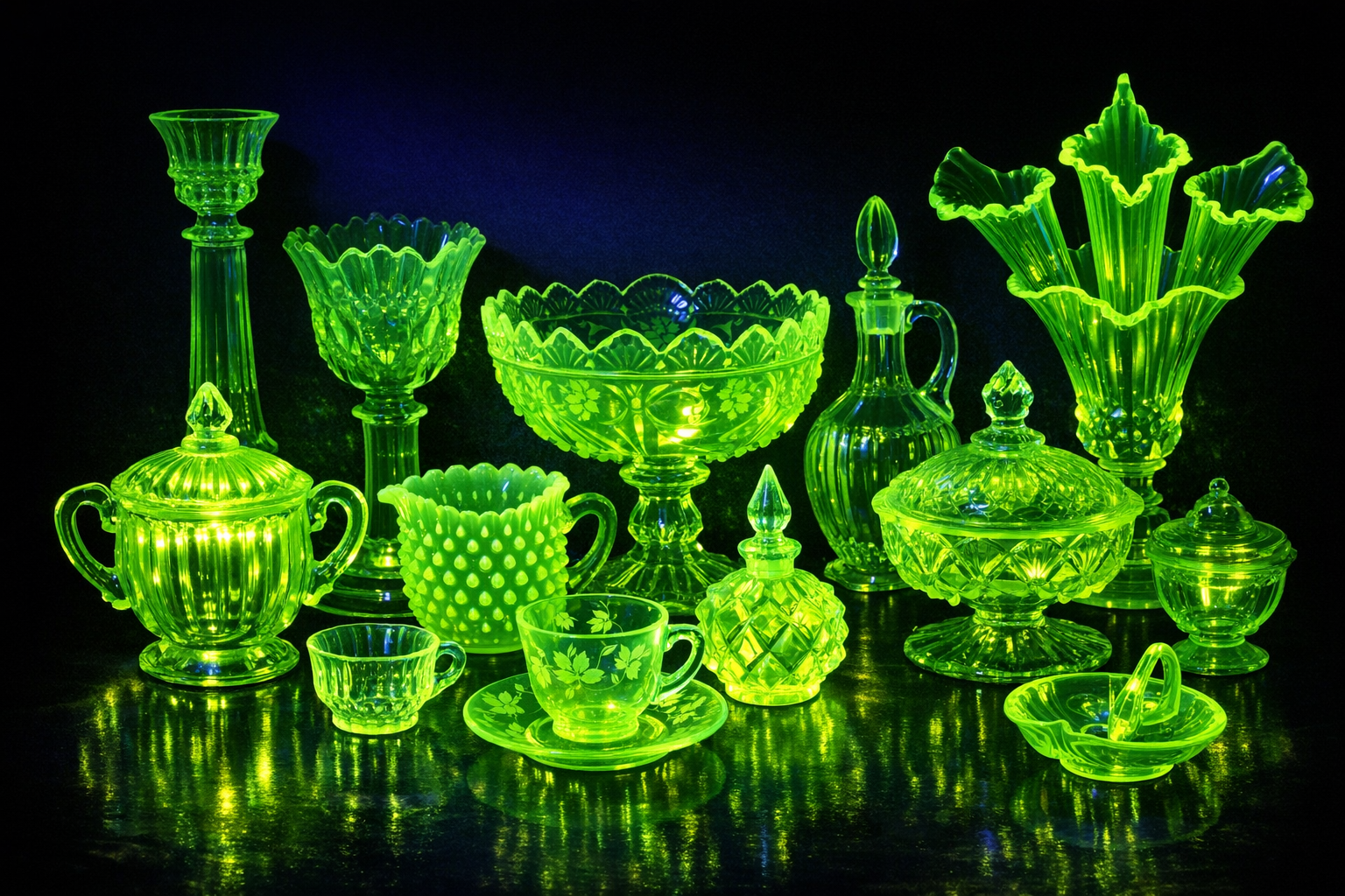 Vaseline glass collection example used to review yellow-green color, UV glow, form, pattern, and condition