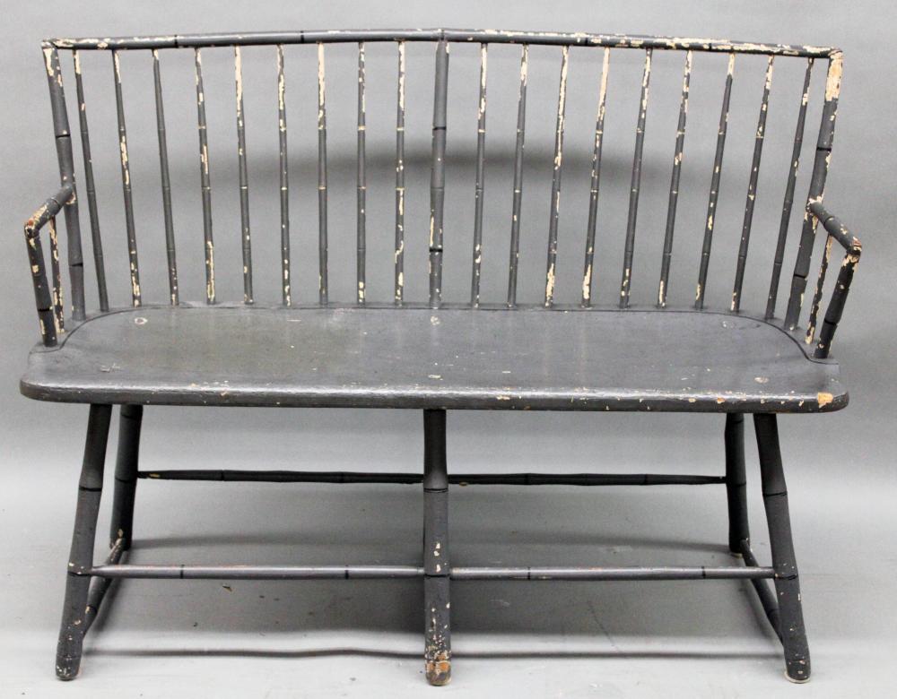 Auction comp thumbnail for PC -Furniture: Antique Windsor Settle/Bench - *see same history as of #185 chairs – applies to bench also; mixed wood plank seat, spindle back & arms; stretcher base; in a couple layers of white/grey paint (chipping) 49” W X 17” D X 36” T @back (G (Roan Inc. Auctioneers & Appraisers, Lot 190)