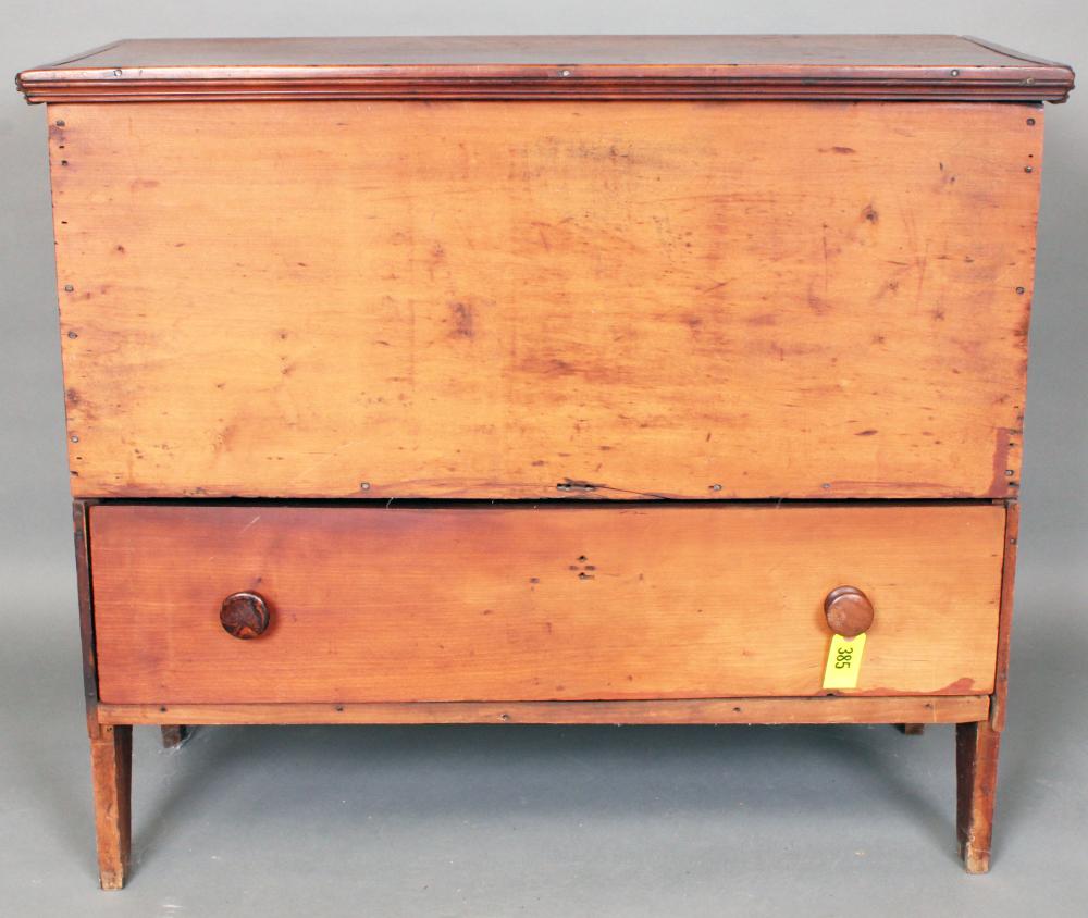 Auction comp thumbnail for Furniture: Antique New England style softwood blanket chest- lift top with one drawer; in old natural refinish; 37 ½” W X 33” T X 17 ½” D; good warm appearance with finish color variation throughout NO SHIPPING (Roan Inc. Auctioneers & Appraisers, Lot 385)