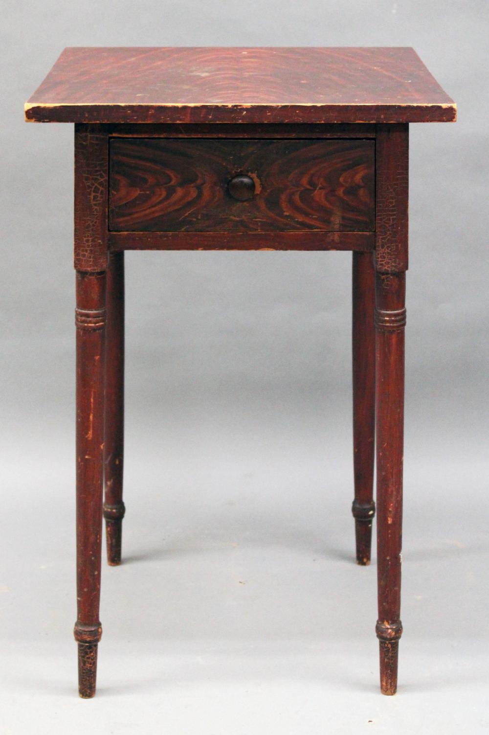Auction comp thumbnail for Furniture: Antique Sheraton paint decorated stand – an exceptional softwood one- drawer work table/stand with finely dovetailed drawer; in original red/brown flame grain paint décor (Great wear/look) 20 1/8” W X 20” D X 32” T (Good) NO SHIPPING (Roan Inc. Auctioneers & Appraisers, Lot 425)