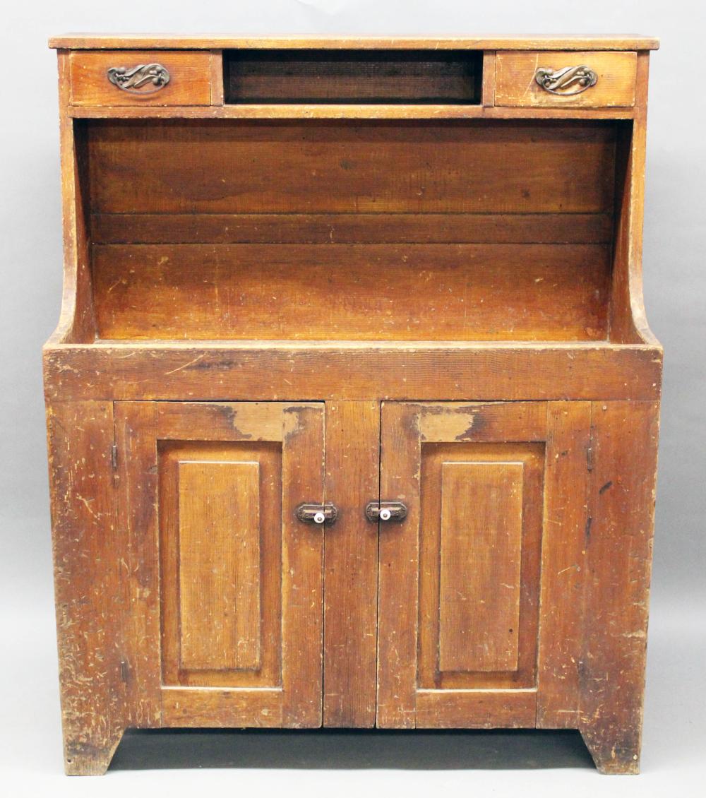 Auction comp thumbnail for Furniture: Antique paint decorated dry sink -an original finish high back softwood sink with double blind raised panel doors base, sink middle with two small, nailed side drawers @top; original brown-grain painted surface (Good/wear) 43 ½” W X 18 ½” (Roan Inc. Auctioneers & Appraisers, Lot 585)