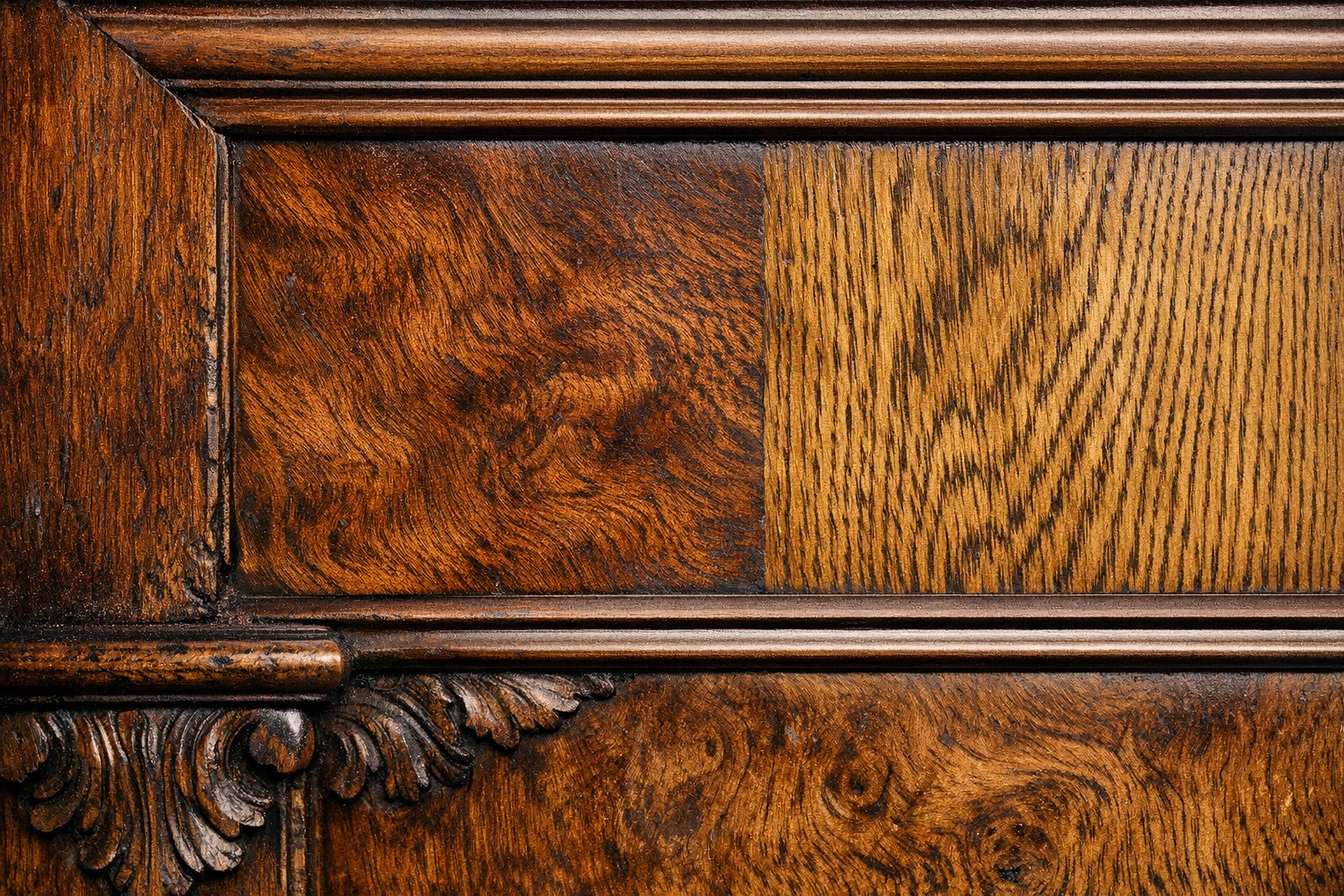 Antique furniture wood close-up used to review grain, pores, veneer, joinery, finish, and wear