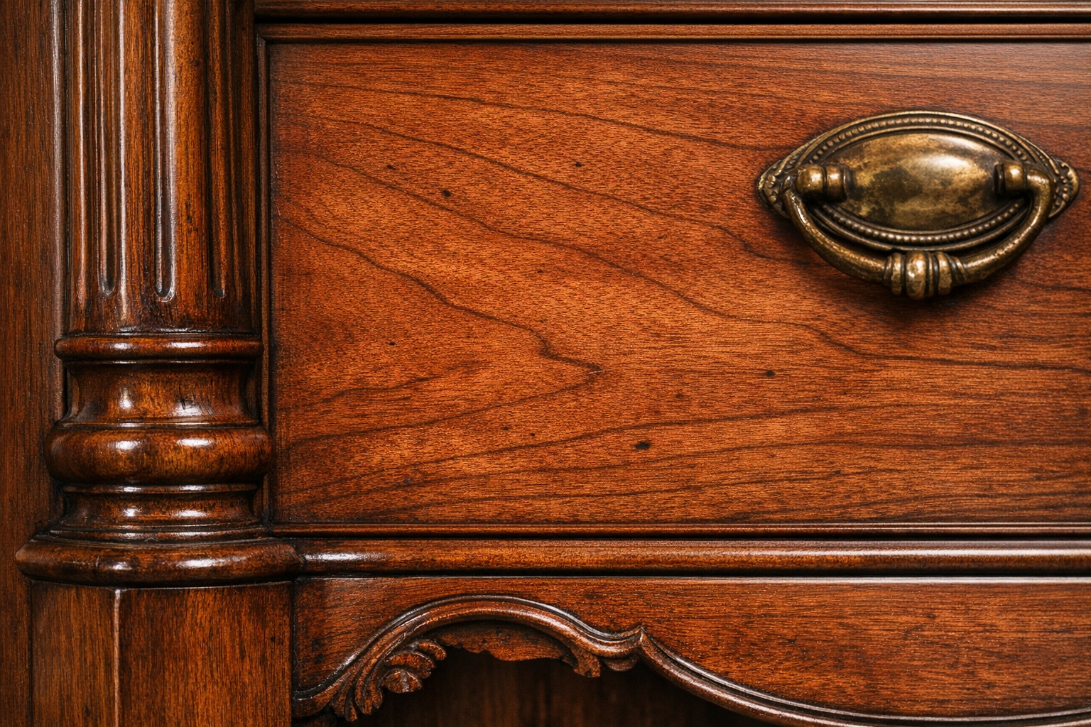 Detailed view of cherry wood grain in antique furniture