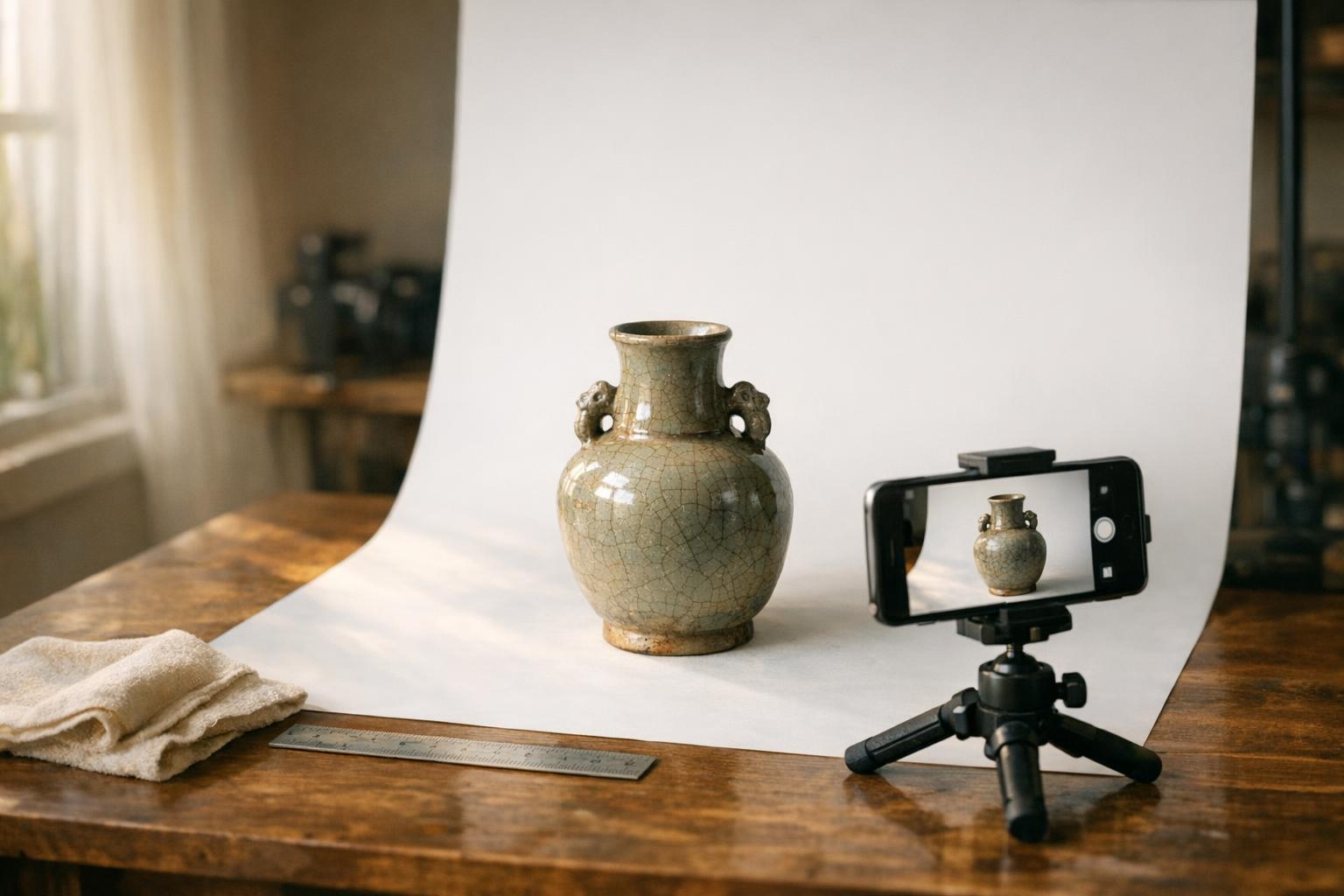 How to Photograph Antiques for an Appraisal Photo Checklist example: Photography setup for documenting an antique vase: neutral backdrop, natural window light, smartphone on tripod