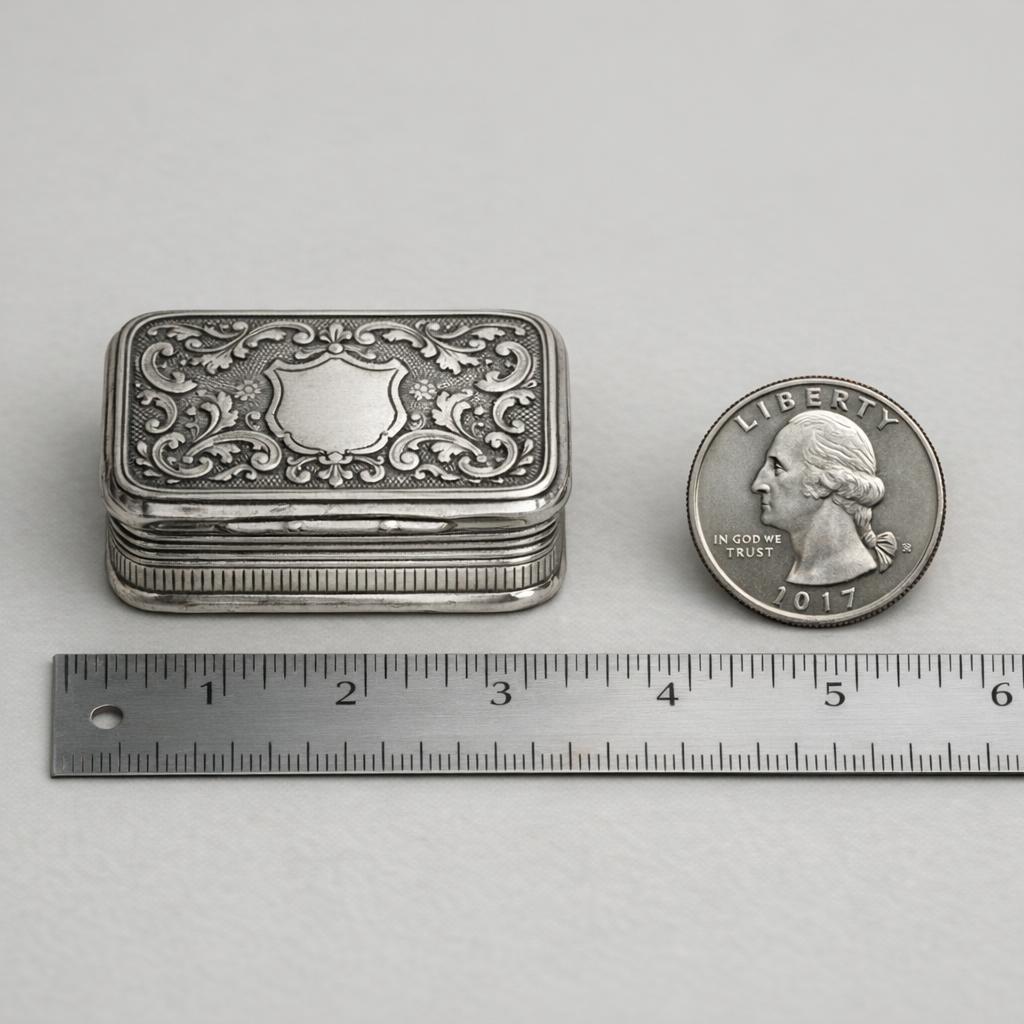 Antique item photographed next to a ruler for scale reference so appraisers can judge actual dimensions