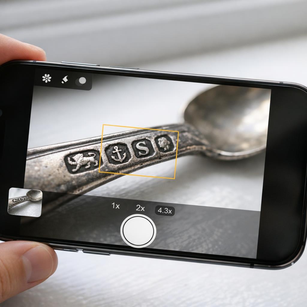 Smartphone in macro mode capturing fine hallmark detail on an antique silver spoon