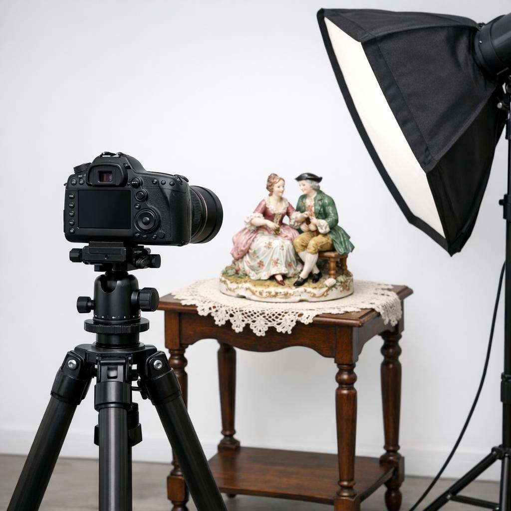 Smartphone mounted on a tripod with improvised book stack for stable antique photography